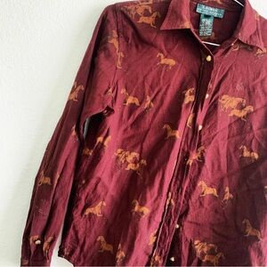 LAUREN RALPH LAUREN horse riding equestrian print burgundy buttons shirt top S